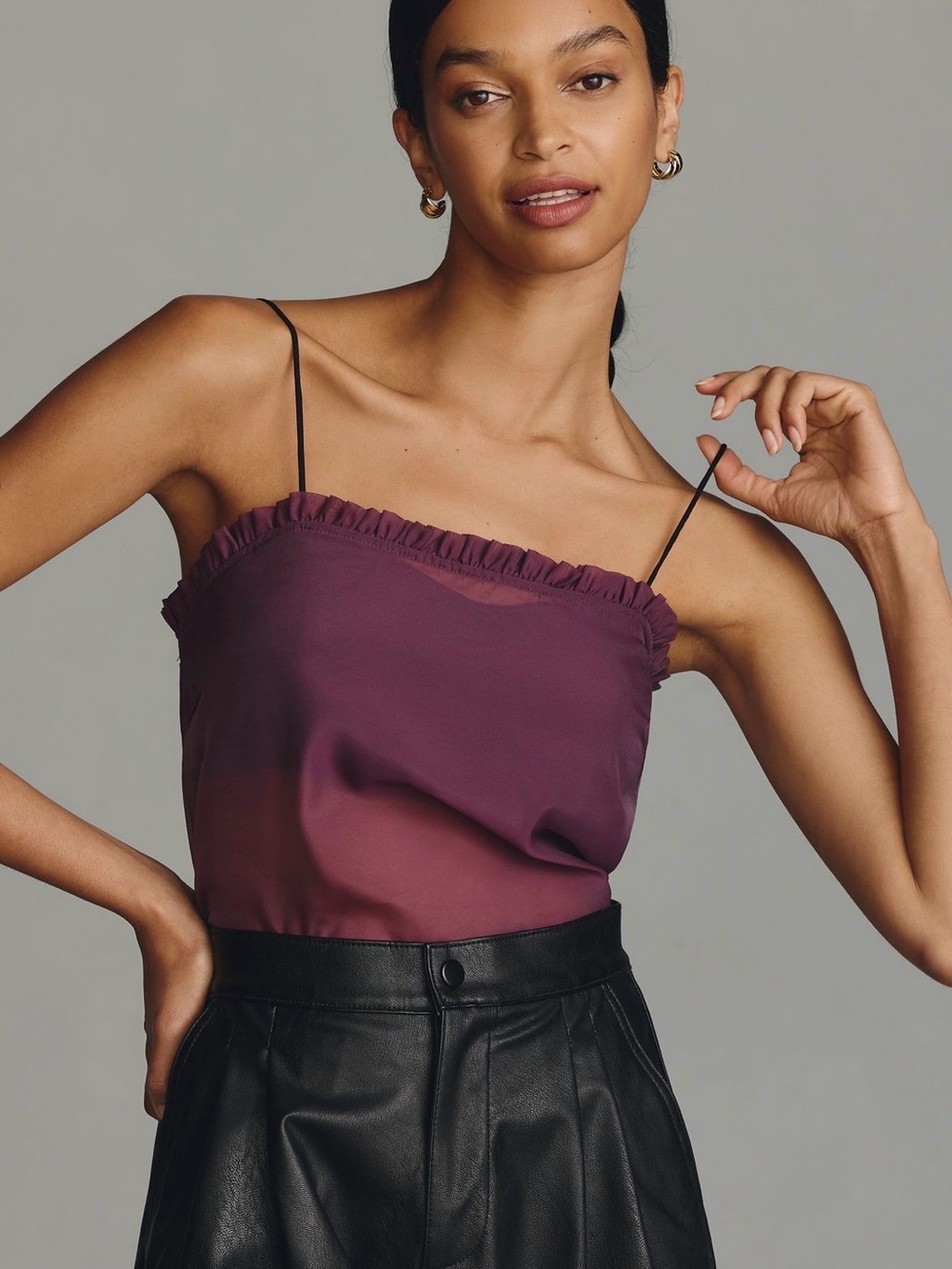 Anthropologie Maeve Plum Purple Ruffle-Trim Spaghetti Strap Sheer Layered Cami L